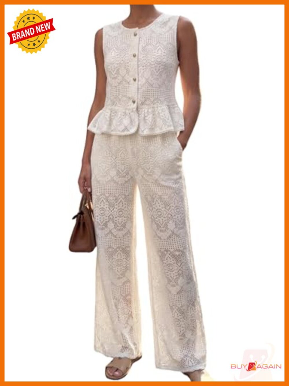 2 Piece Lace Sleeveless Peplum Top Pants Set Business Casual